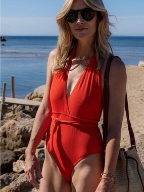 Sezane Red Halter One-Piece Swimsuit with Waist Tie